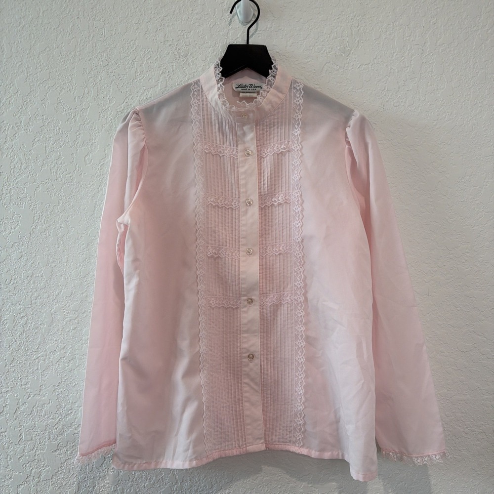 Vtg Lucky Winner Made In USA 70s High Neck Lace Pleated Secratary Blouse Medium